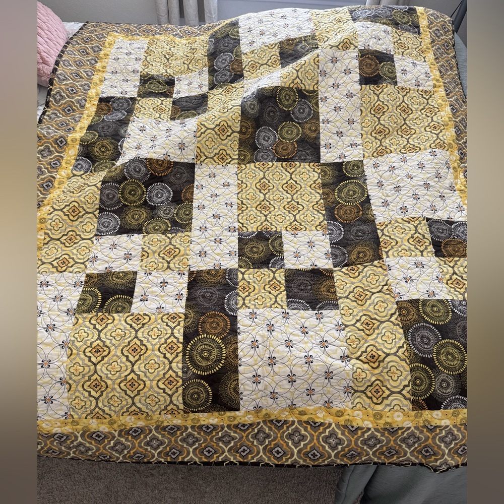 Handmade Patchwork Quilt with Yellow and Brown Patterns